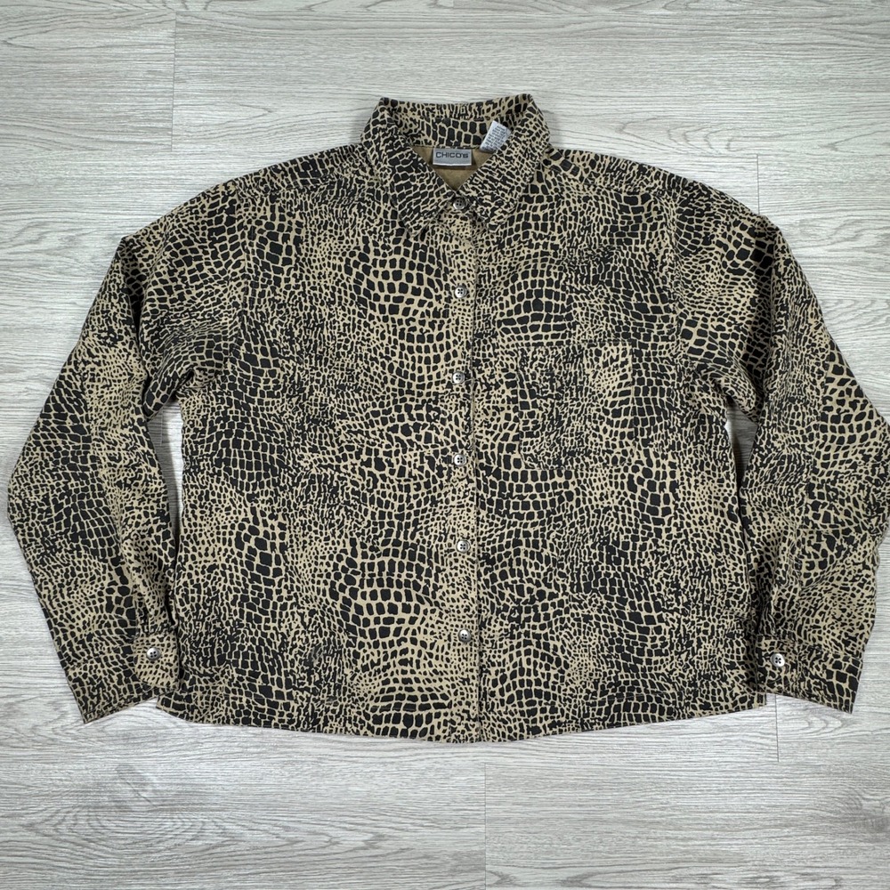 Chico's Women's Jacket Animal‎ Leopard Print Faux Suede Tan Black Size 1 Button